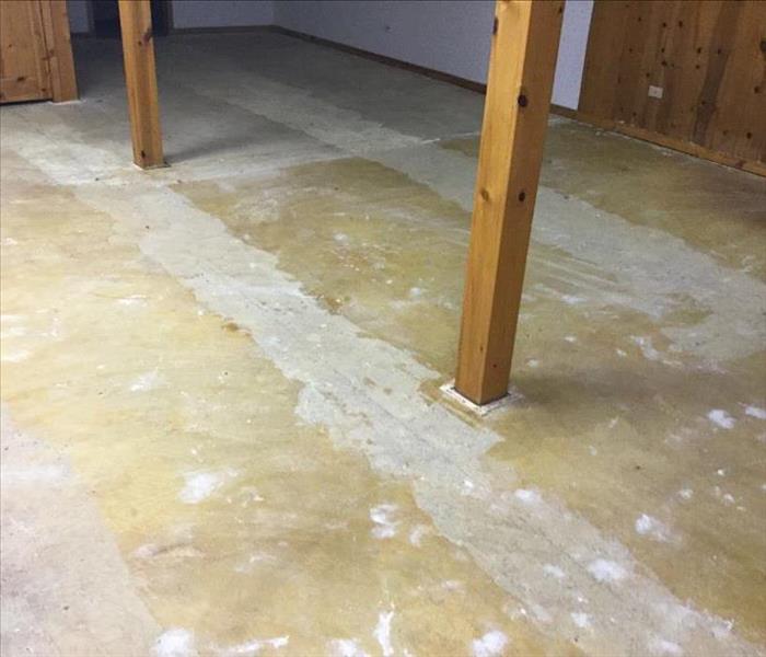 Dry concrete floor with wood support beams in a basement.