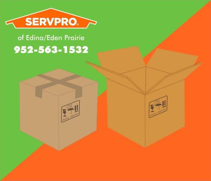 Two Cardboard moving boxes with an orange and green background.