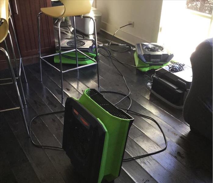Hardwood floor with green air movers and a stool in the background.