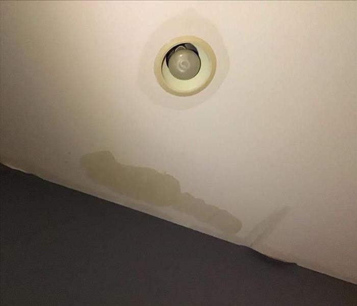 White ceiling with a can light with darker water stains.