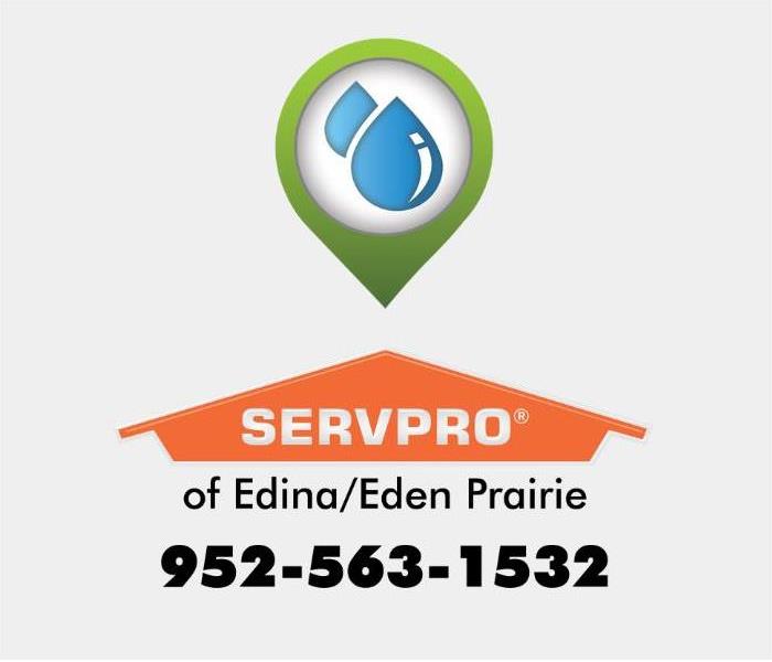 Green circle with blue water droplets above a orange SERVPRO house logo.